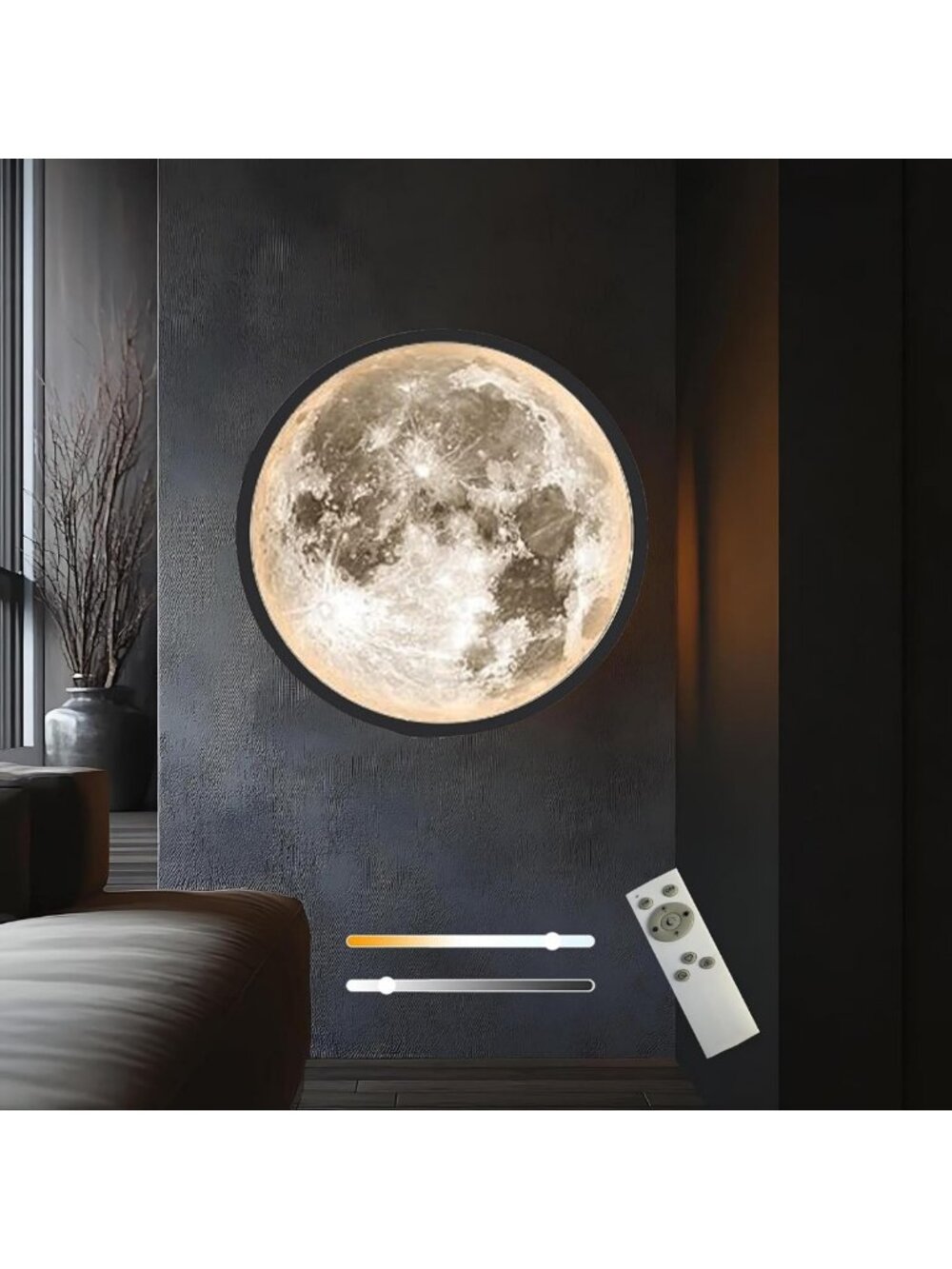 Modern Dimmable Moon Wall Sconce - Plug-In LED Light, Black 12” for Home Decor